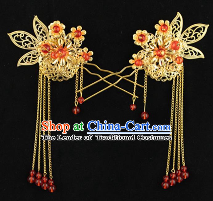 Asian Chinese Handmade Palace Lady Classical Hair Accessories Red Beads Tassel Hairpins for Women