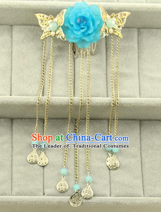 Asian Chinese Handmade Classical Hair Accessories Princess Blue Flowers Hairpins Butterfly Hair Claw for Women