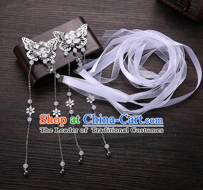 Handmade Asian Chinese Classical Hair Accessories White Silk Ribbon Butterfly Hairpins Hanfu Hair Claw for Women