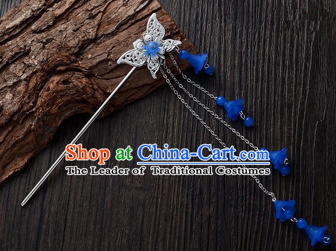 Handmade Asian Chinese Classical Hair Accessories Butterfly Hairpins Hanfu Deep Blue Tassel Step Shake for Women