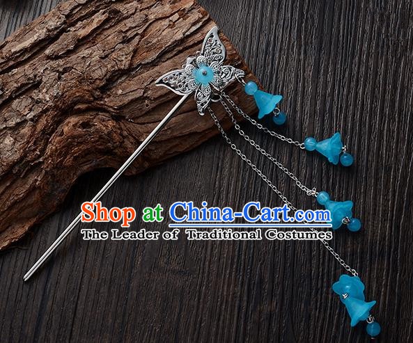 Handmade Asian Chinese Classical Hair Accessories Butterfly Hairpins Hanfu Blue Tassel Step Shake for Women