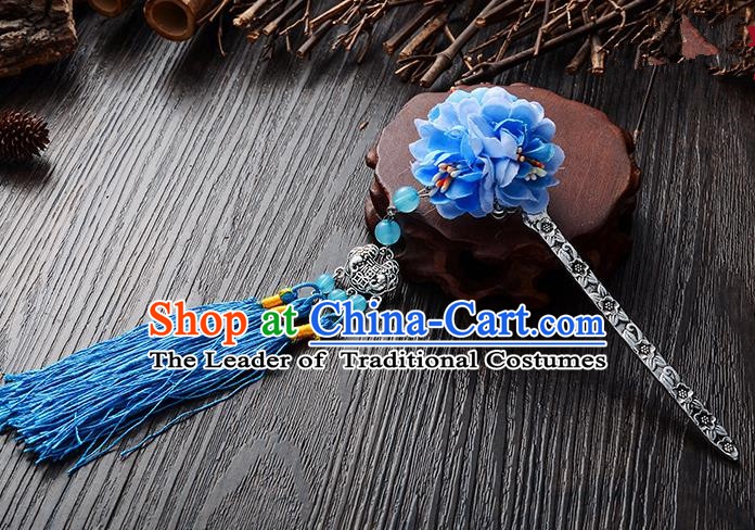 Handmade Asian Chinese Classical Hair Accessories Hairpins Hanfu Blue Flower Tassel Hair Stick for Women
