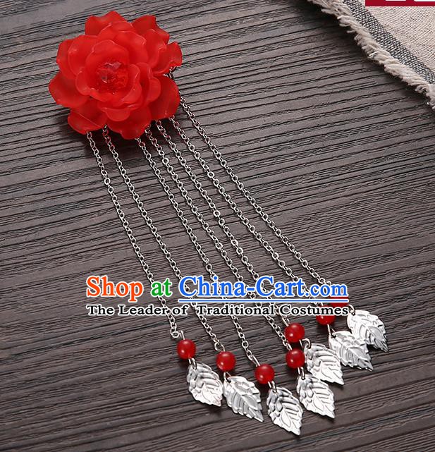 Asian Chinese Handmade Classical Hair Accessories Red Flower Hairpins Hanfu Tassel Hair Claw for Women