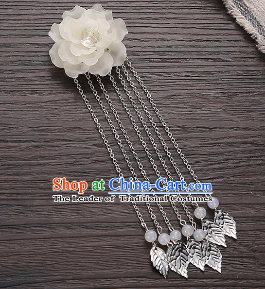 Asian Chinese Handmade Classical Hair Accessories White Flower Hairpins Hanfu Tassel Hair Claw for Women