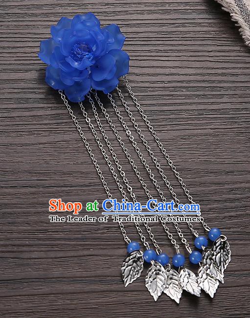 Asian Chinese Handmade Classical Hair Accessories Deep Blue Flower Hairpins Hanfu Tassel Hair Claw for Women