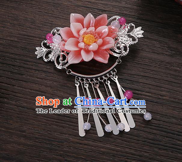 Asian Chinese Handmade Classical Hair Accessories Pink Flower Tassel Hair Comb Hairpins for Women