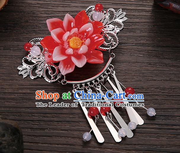Asian Chinese Handmade Classical Hair Accessories Red Flower Tassel Hair Comb Hairpins for Women
