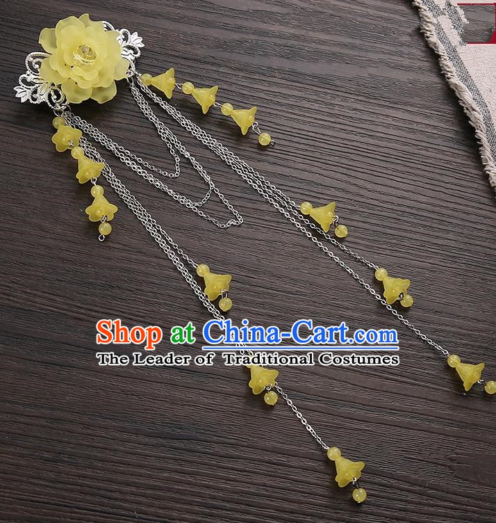 Asian Chinese Handmade Classical Hair Accessories Yellow Long Tassel Hair Claw Hanfu Hairpins for Women