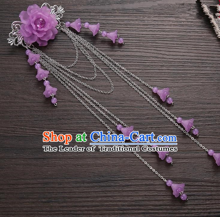Asian Chinese Handmade Classical Hair Accessories Purple Long Tassel Hair Claw Hanfu Hairpins for Women