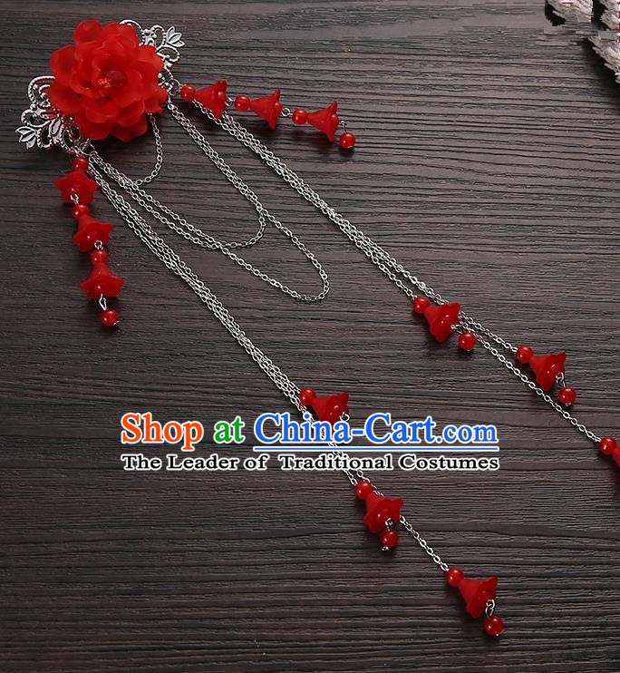 Asian Chinese Handmade Classical Hair Accessories Red Long Tassel Hair Claw Hanfu Hairpins for Women