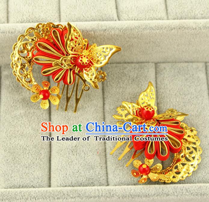 Asian Chinese Handmade Classical Hair Accessories Princess Hairpins Red Butterfly Hair Comb for Women