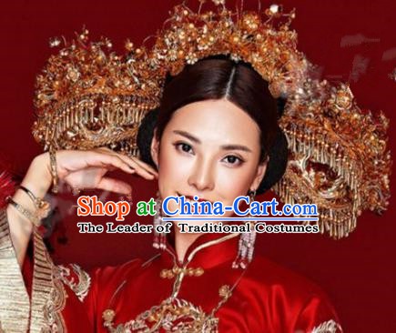 Asian Chinese Ancient Handmade Classical Hair Accessories Hairpins Wedding Luxurious Phoenix Coronet Complete Set for Women