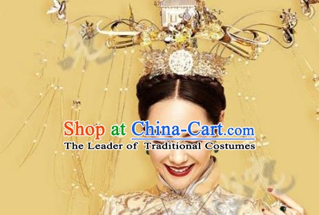 Asian Chinese Ancient Handmade Classical Hair Accessories Hairpins Exaggerated Phoenix Coronet Complete Set for Women