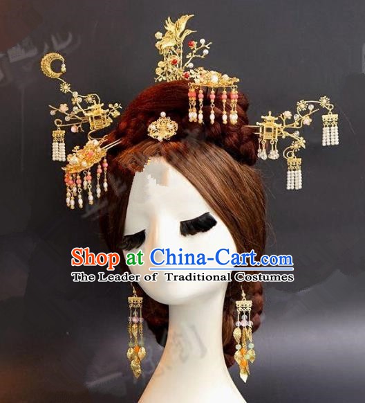 Asian Chinese Ancient Handmade Classical Hair Accessories Hairpins Xiuhe Suit Headdress Complete Set for Women