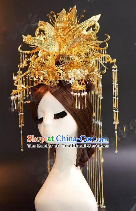 Asian Chinese Ancient Handmade Classical Hair Accessories Hairpins Xiuhe Suit Headdress Phoenix Coronet for Women