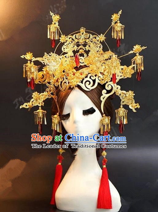 Asian Chinese Ancient Handmade Classical Hair Accessories Hairpins Xiuhe Suit Golden Phoenix Coronet for Women