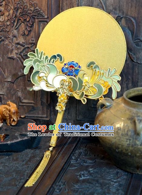 Chinese Handmade Classical Stage Performance Golden Fans Ancient Palace Lady Blueing Round Fans for Women