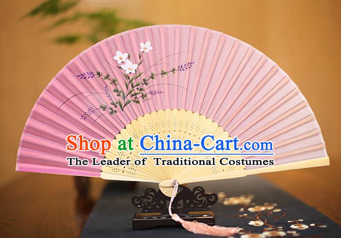 Traditional Chinese Crafts Printing Orchid Pink Folding Fan, China Sensu Paper Fans for Women