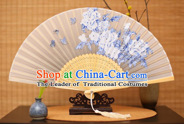 Traditional Chinese Crafts Printing Peony White Folding Fan, China Sensu Paper Fans for Women