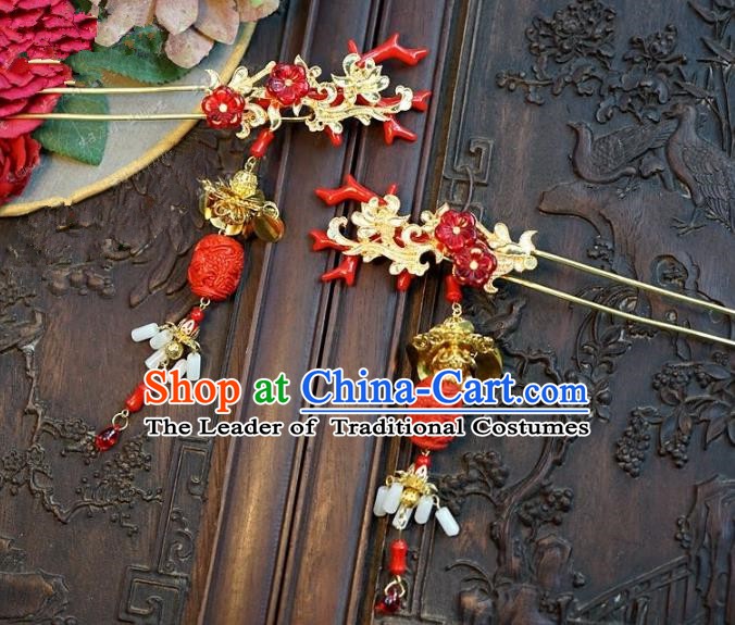 Chinese Handmade Classical Hair Accessories Ancient Hairpins Bride Red Hair Clip for Women