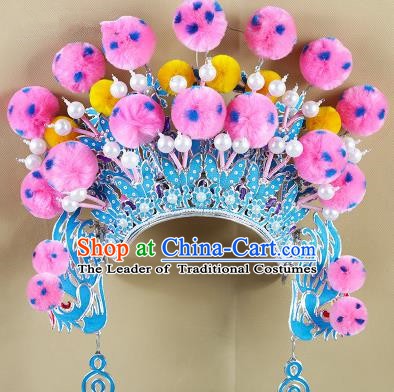 Chinese Beijing Opera Warriors Pink Venonat Headpiece, China Peking Opera Blues Helmet