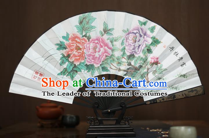 Traditional Chinese Crafts Printing Peony White Folding Fan, China Sculpture Framework Silk Fans for Men