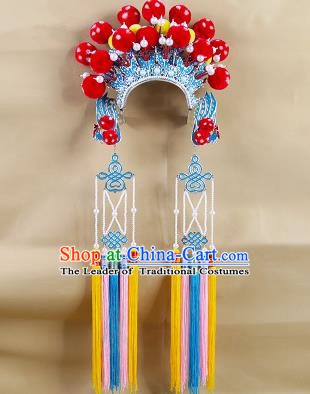 Chinese Beijing Opera Warriors Red Venonat Headpiece, China Peking Opera Blues Helmet