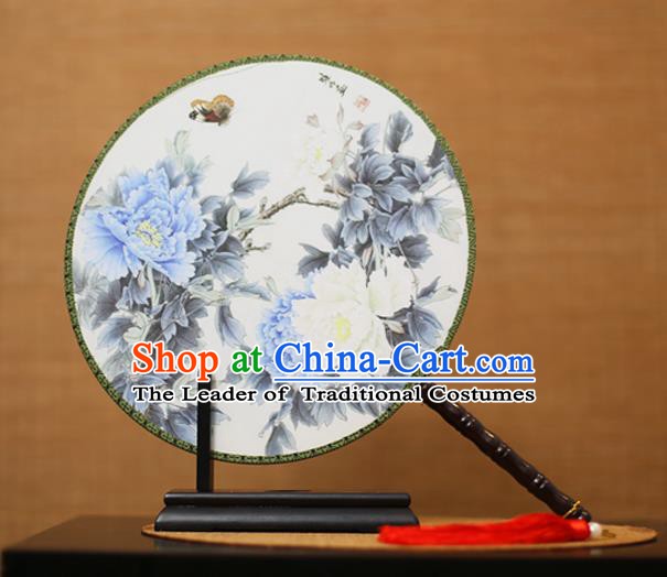 Traditional Chinese Crafts Printing Peony Flowers Round Fan, China Palace Fans Princess Silk Circular Fans for Women