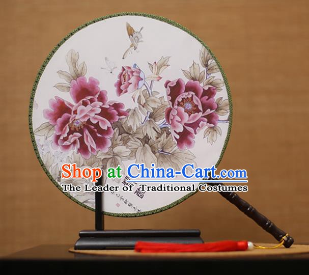 Traditional Chinese Crafts Printing Peony White Round Fan, China Palace Fans Princess Silk Circular Fans for Women
