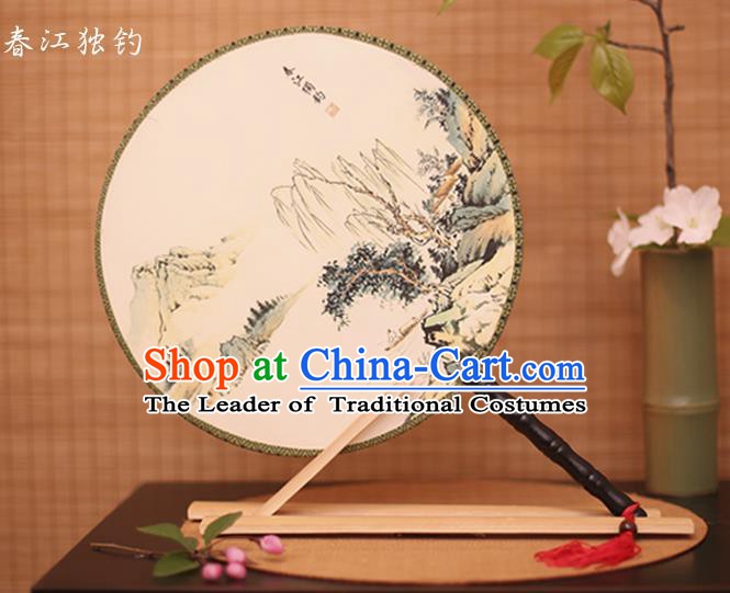 Traditional Chinese Crafts Printing Riverside Fishing White Round Fan, China Palace Fans Princess Silk Circular Fans for Women