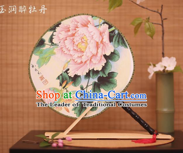 Traditional Chinese Crafts Printing Peony White Round Fan, China Palace Fans Princess Silk Circular Fans for Women