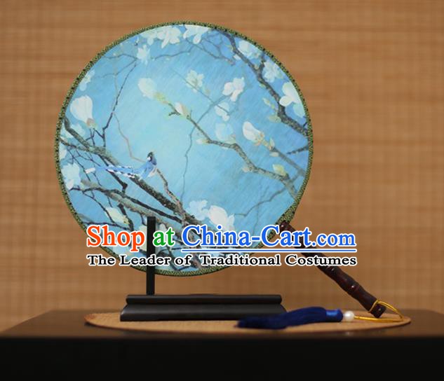 Traditional Chinese Crafts Printing Magnolia Blue Round Fan, China Palace Fans Princess Silk Circular Fans for Women