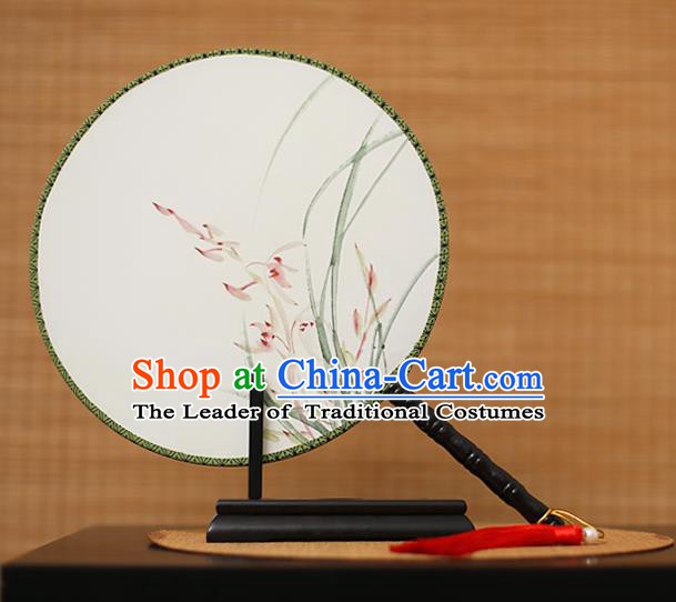 Traditional Chinese Crafts Printing Orchid White Round Fan, China Palace Fans Princess Silk Circular Fans for Women