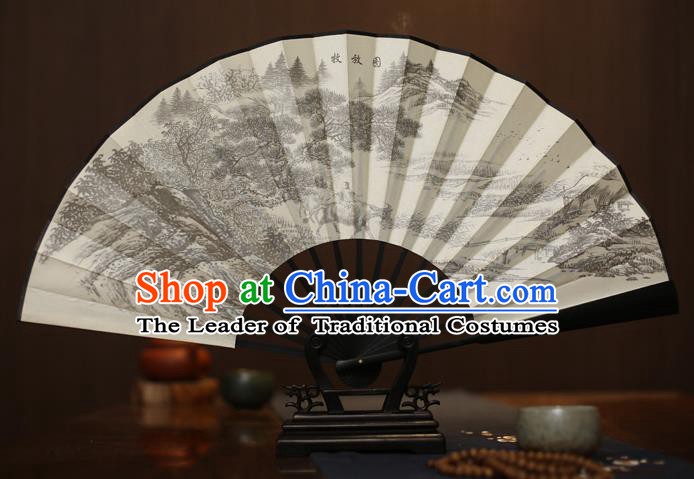 Traditional Chinese Crafts Printing Forest White Folding Fan, China Sculpture Framework Silk Fans for Men