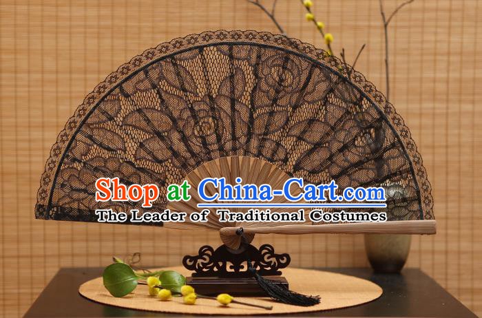 Traditional Chinese Crafts Black Lace Folding Fan Hollow Out Rose Fans for Women