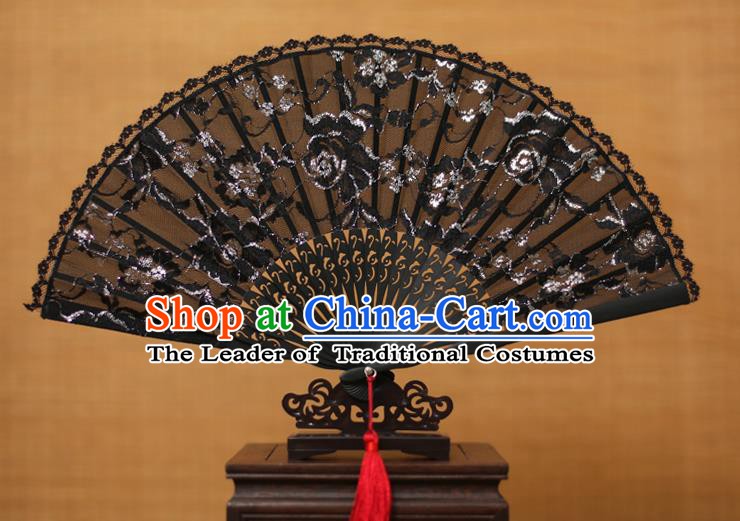 Traditional Chinese Crafts Black Lace Folding Fan Hollow Out Fans for Women