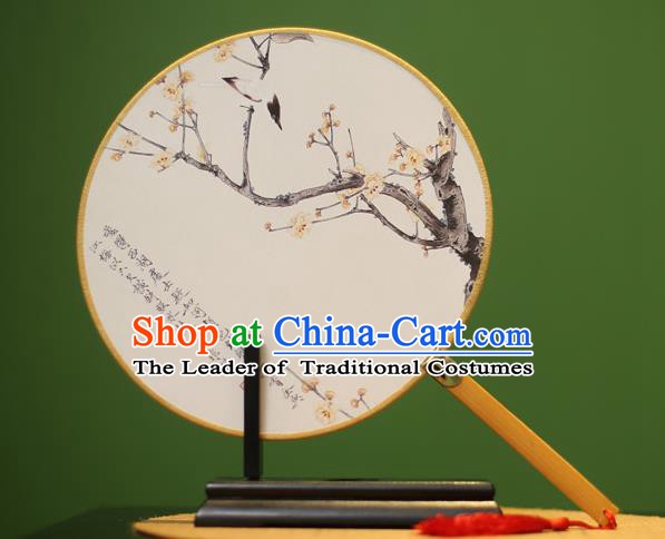 Traditional Chinese Crafts Printing Wintersweet Round Fan, China Palace Fans Princess Silk Circular Fans for Women