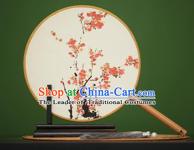 Traditional Chinese Crafts Painting Plum Blossom Rosewood Round Fan, China Palace Fans Princess Silk Circular Fans for Women