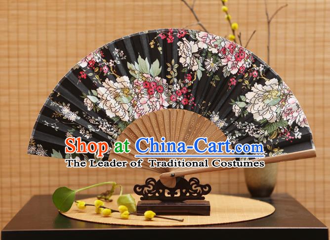 Traditional Chinese Crafts Folding Fans Printing Flowers Black Silk Fan for Women