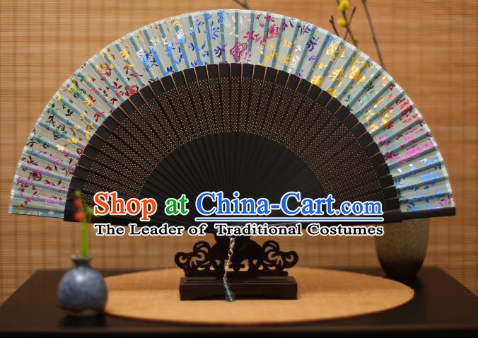 Traditional Chinese Crafts Printing Flowers Green Silk Folding Fan Sensu Fans for Women