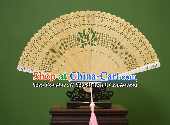 Traditional Chinese Crafts Yellow Folding Fan Hollow Out Lotus Bamboo Fans for Women