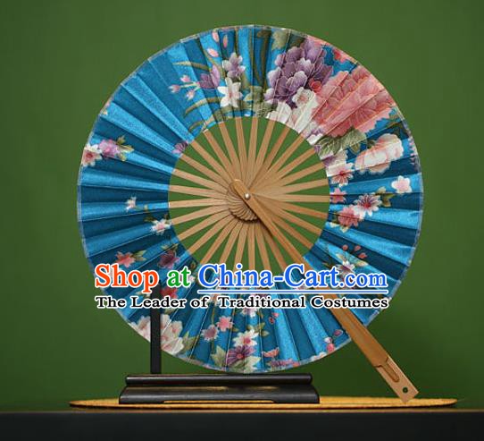 Traditional Chinese Crafts Printing Flowers Blue Silk Folding Fan, China Beijing Opera Round Fans for Women