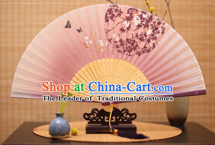 Traditional Chinese Crafts Printing Oriental Cherry Lilac Folding Fan, China Beijing Opera Silk Fans for Women