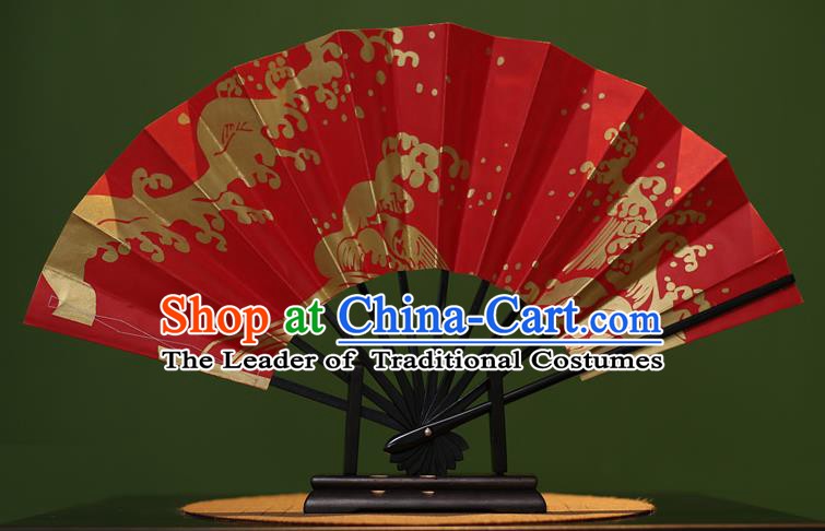 Traditional Chinese Crafts Printing Red Paper Folding Fan Sensu Fans for Women