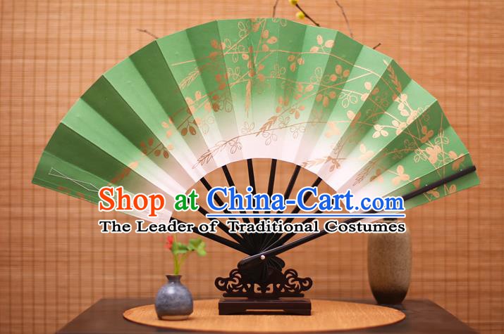 Traditional Chinese Crafts Printing Flowers Green Paper Folding Fan Sensu Fans for Women