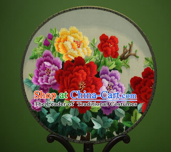 Traditional Chinese Crafts Embroidered Peony Round Fan, China Palace Fans Princess Silk Circular Fans for Women