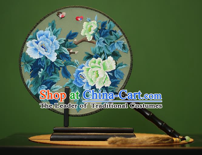 Traditional Chinese Crafts Embroidered Butterfly Peony Round Fan, China Palace Fans Princess Silk Circular Fans for Women
