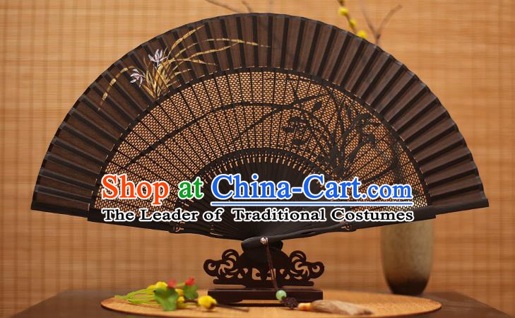 Traditional Chinese Crafts Black Sandalwood Folding Fan, Chinese Hollow Out Orchid Fans Bamboo Fans for Women