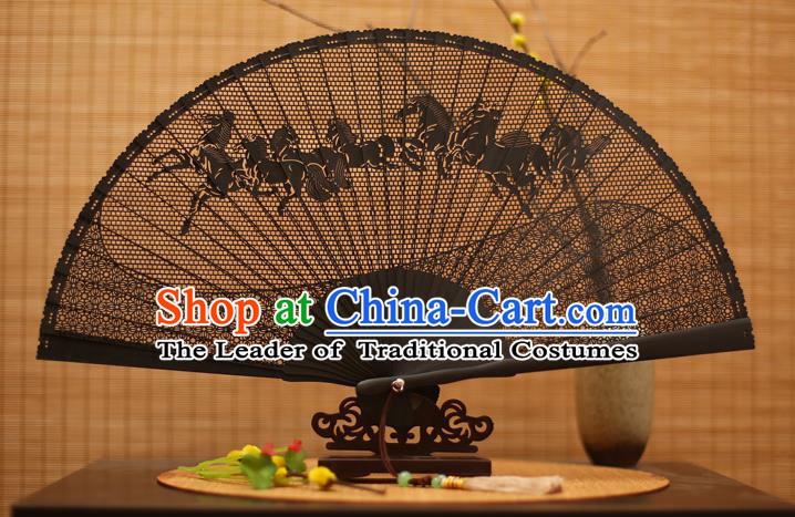 Traditional Chinese Crafts Black Sandalwood Folding Fan, Chinese Hollow Out Horse Fans Bamboo Fans for Women