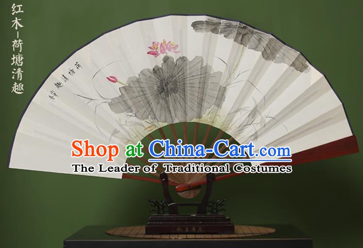 Traditional Chinese Crafts Ink Painting Lotus Folding Fan, China Handmade Xuan Paper Fans for Men